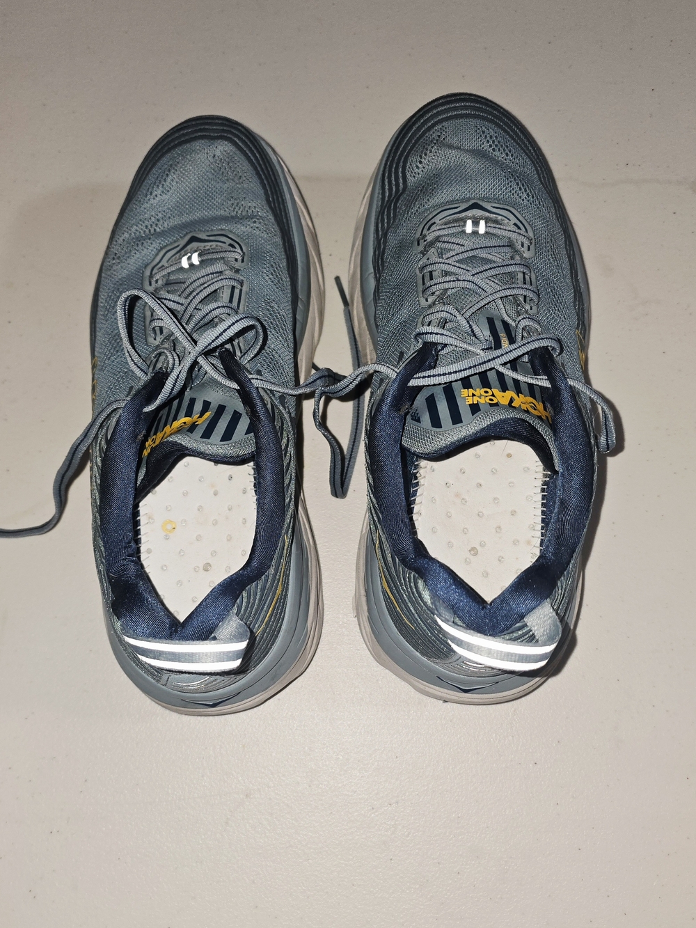 Hoka One One Men's Gray Blue Athletic Running Shoes with Yellow Accent